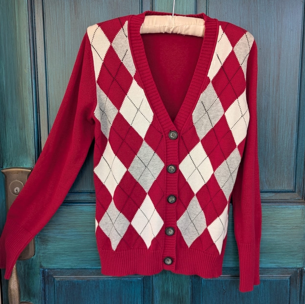 🔴 CLEARANCE   Denim & Co. XS (M Fit) Red Argyle Button Up Cardigan – Preppy